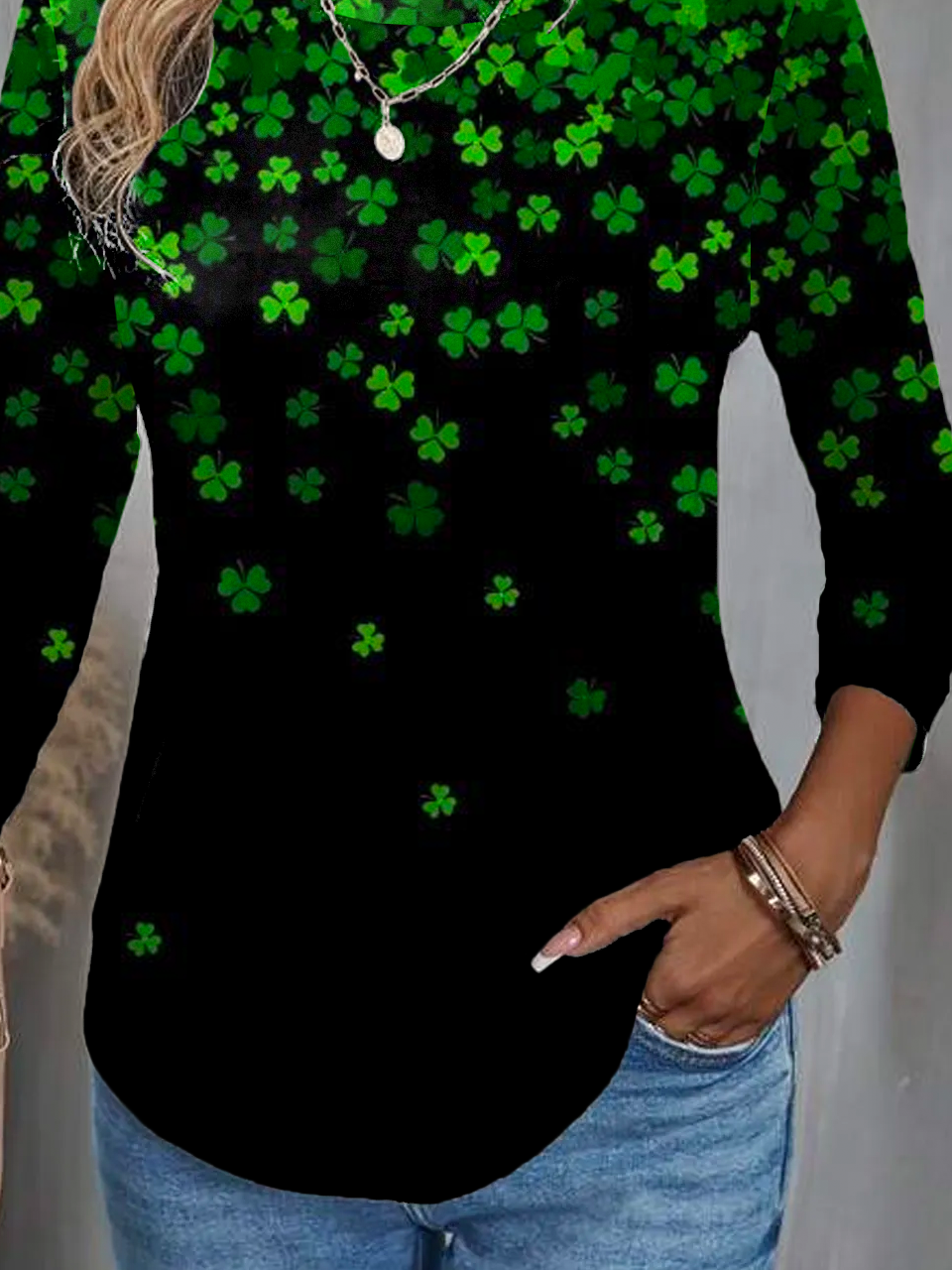 Casual Four-leaf Clover Crew Neck Three Quarter Sleeve T-shirt