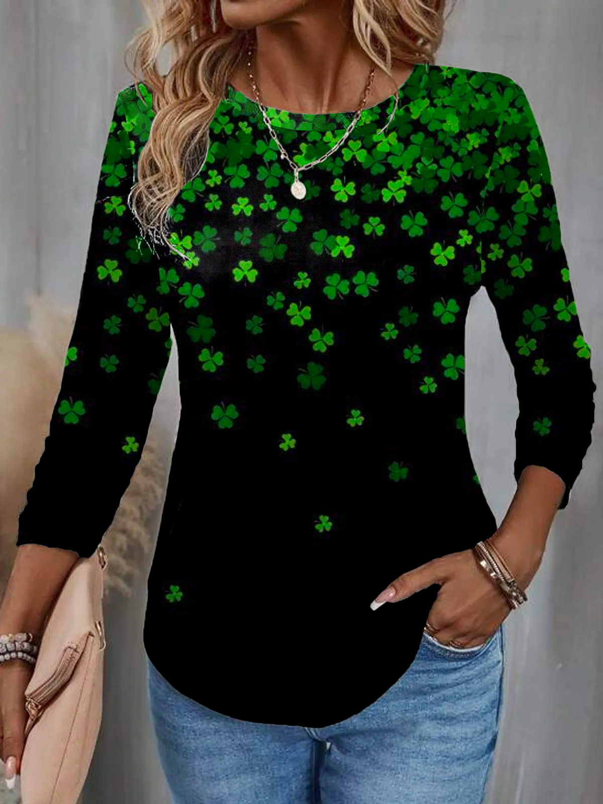 Casual Four-leaf Clover Crew Neck Three Quarter Sleeve T-shirt