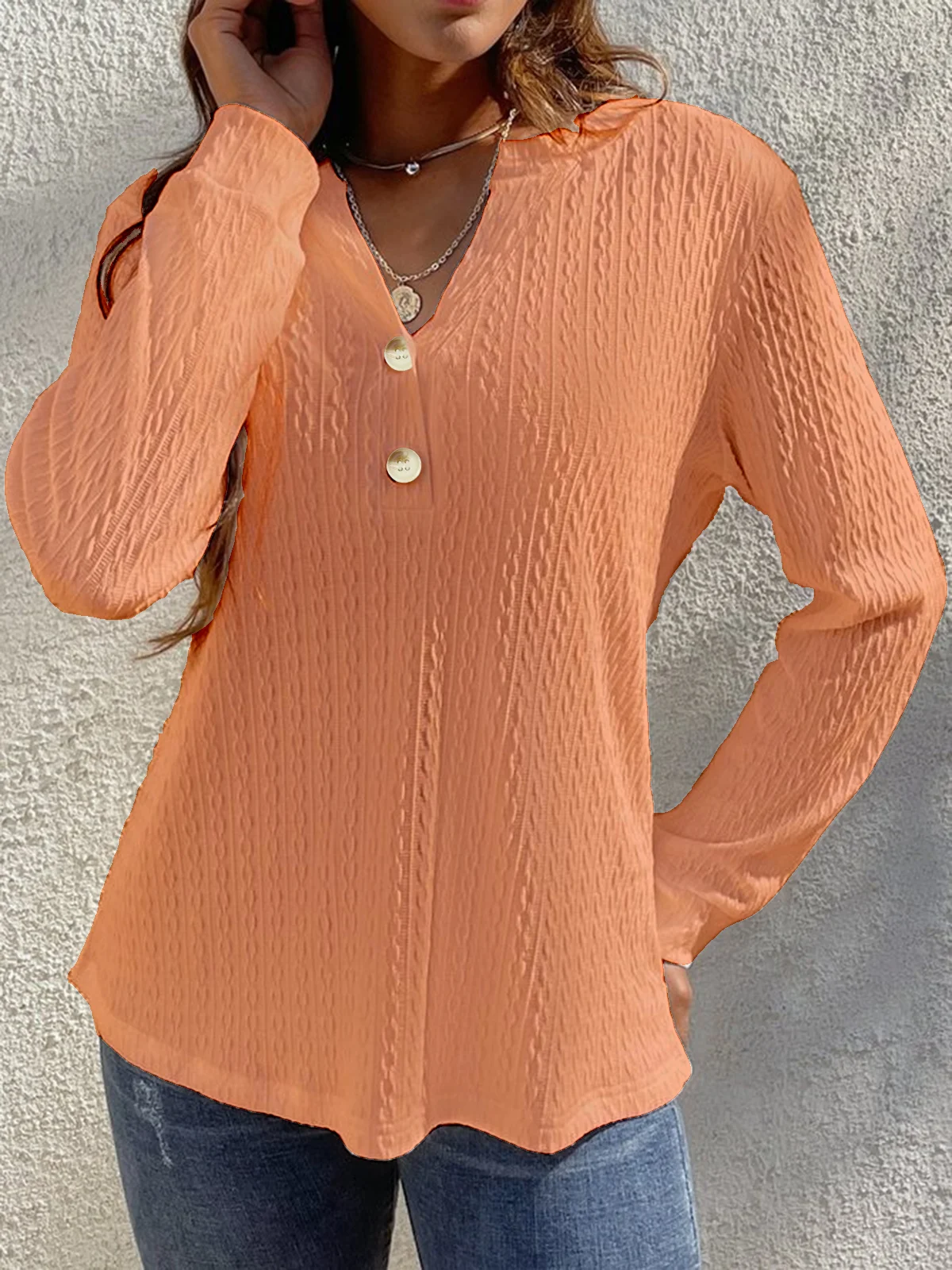 Women Casual Plain Loose Blouse Notched Long Sleeve Buttoned Regular Spring/Fall Shirt