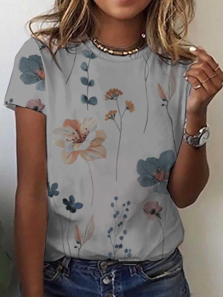 Jersey Loose Floral Casual T-Shirt | noracora