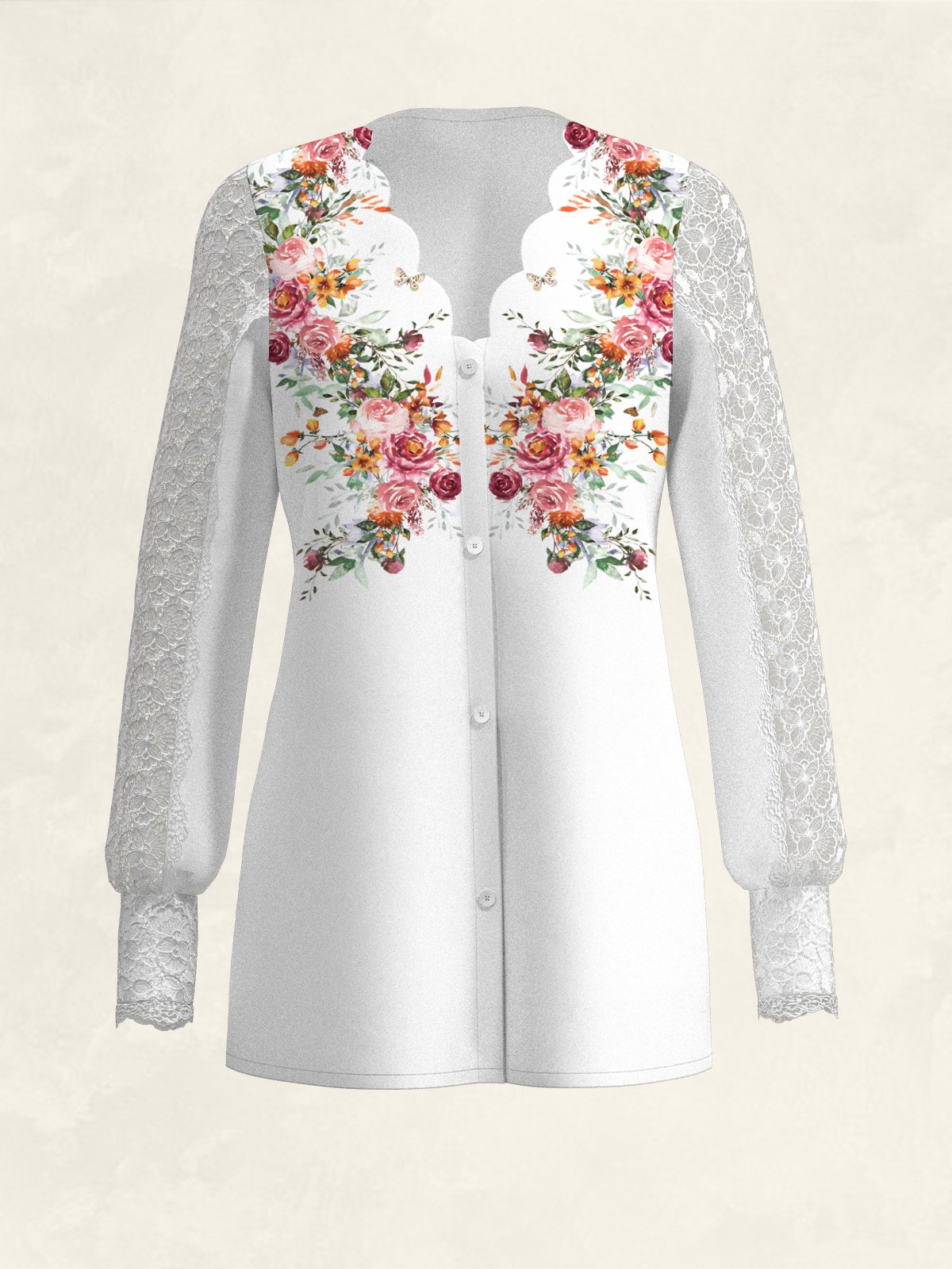 Lace Collar Long Sleeve Floral Buckle Regular Loose Blouse For Women