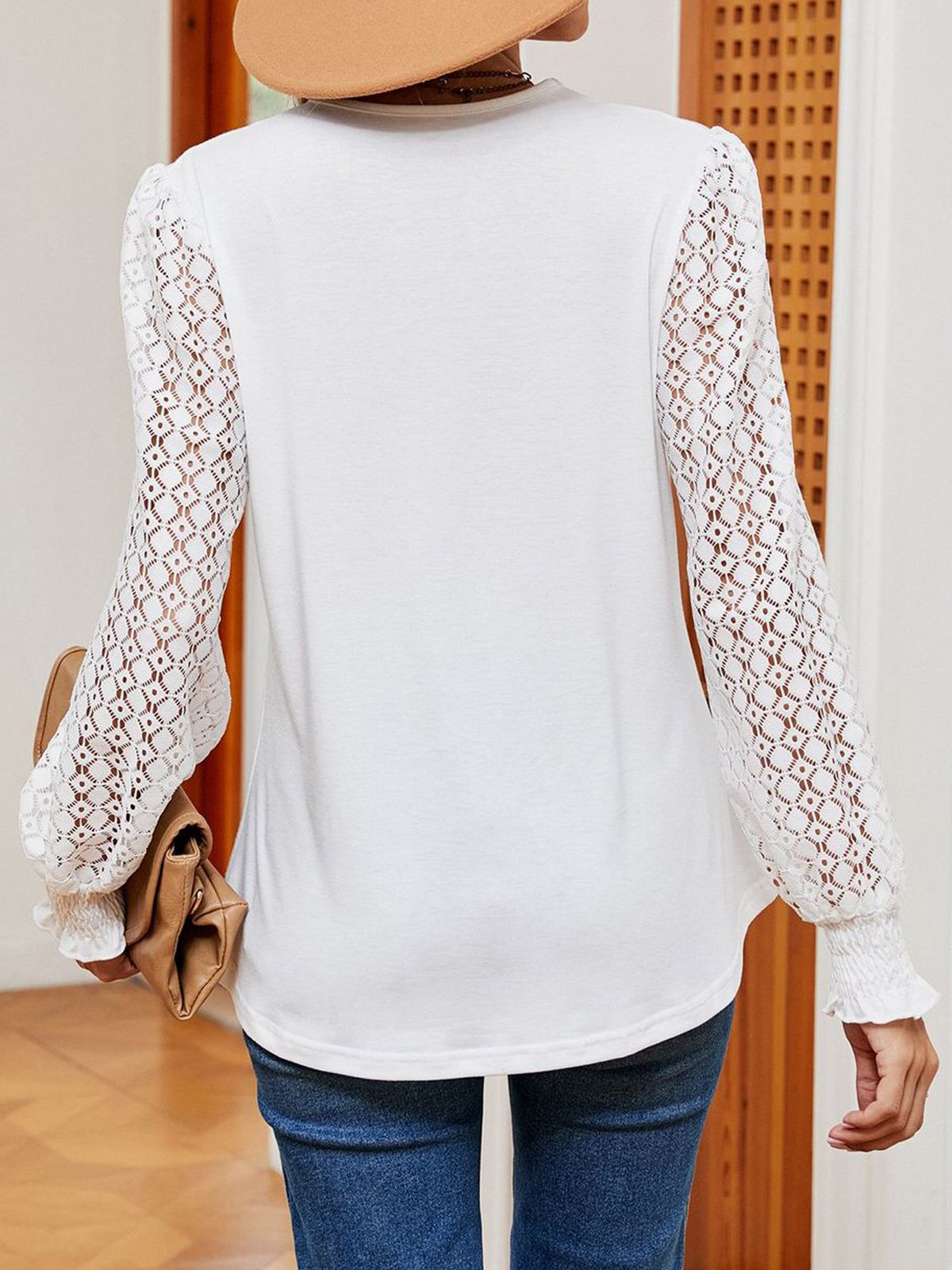 V Neck Long Sleeve Plain Lace Regular Micro-Elasticity Loose Shirt For Women