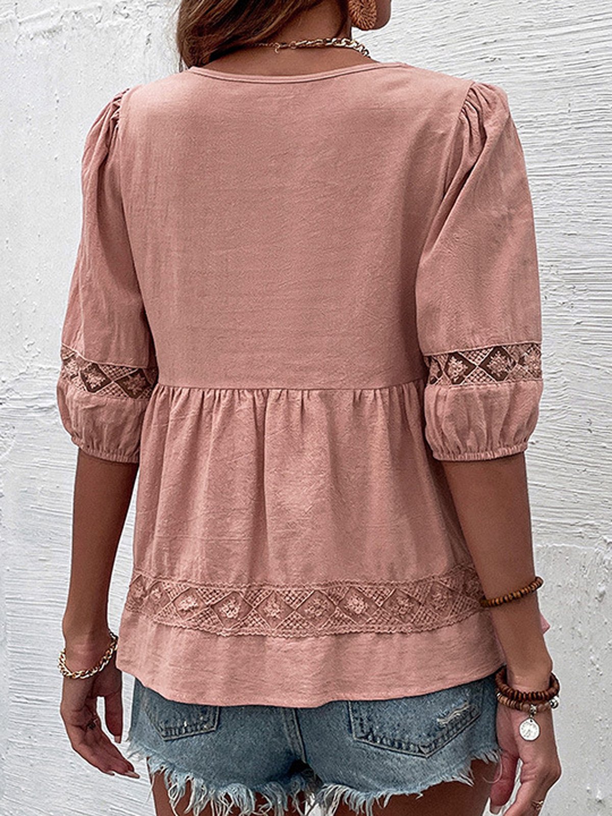 V Neck Short Sleeve Plain Lace Regular Loose Shirt For Women