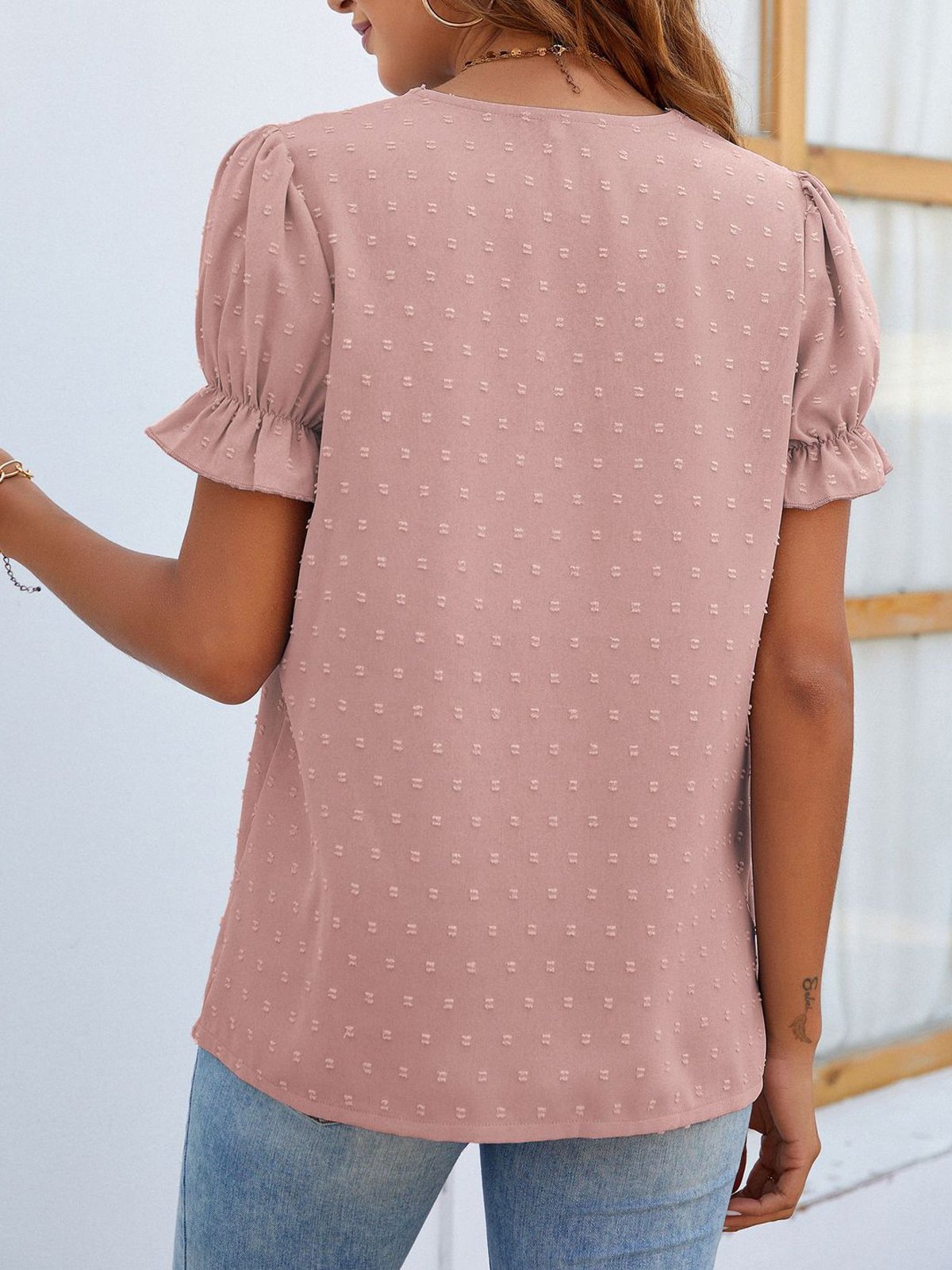 V Neck Short Sleeve Plain Lace Regular Loose Shirt For Women