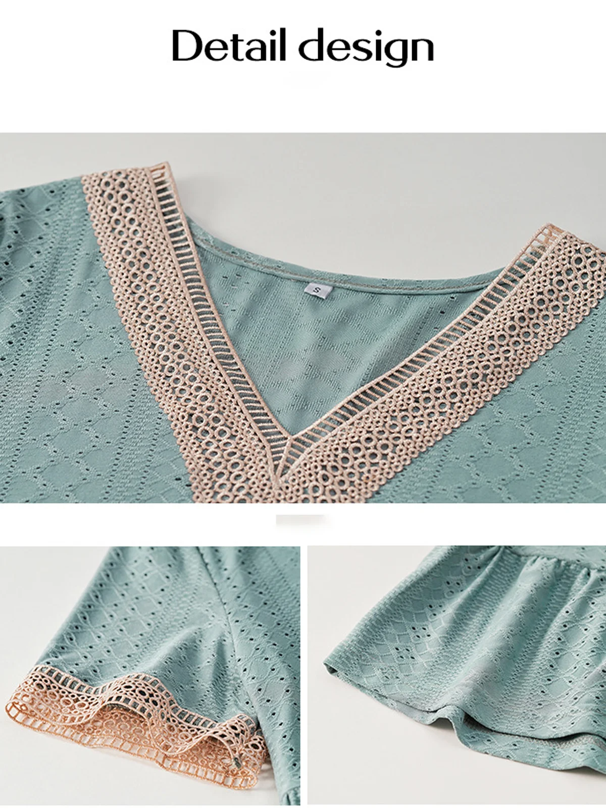 V Neck Short Sleeve Plain Lace Regular Micro-Elasticity Loose Shirt For Women
