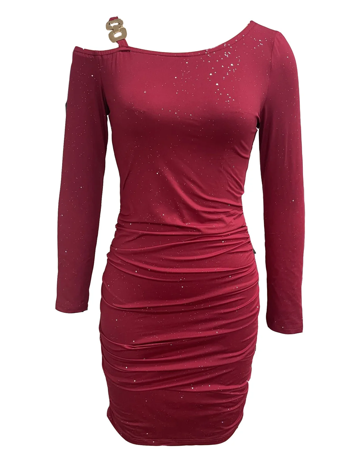 Women Plain One Shoulder Long Sleeve Comfy Casual Glitter Short Dress