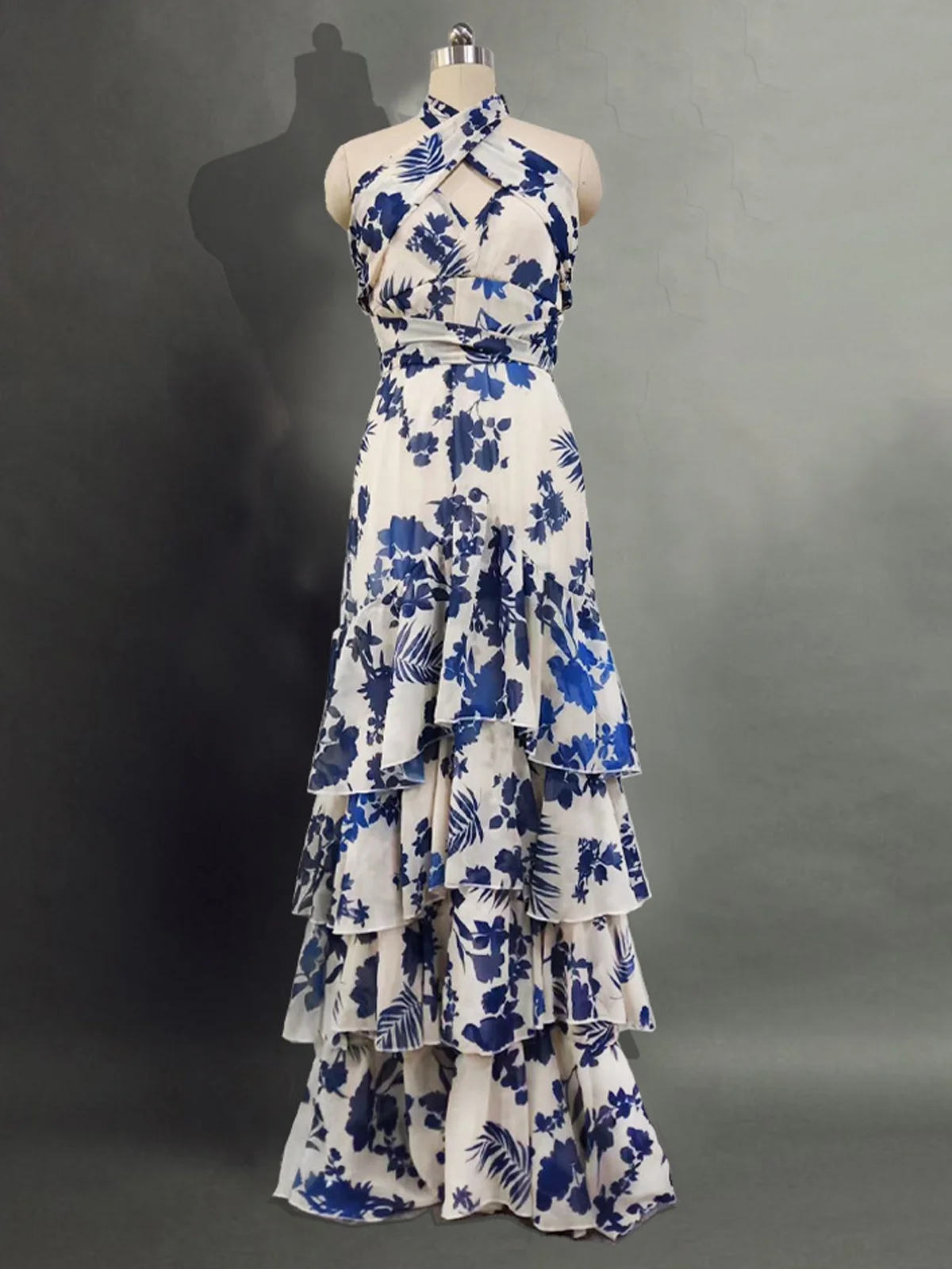 Women Floral Halter Short Sleeve Comfy Casual Maxi Dress