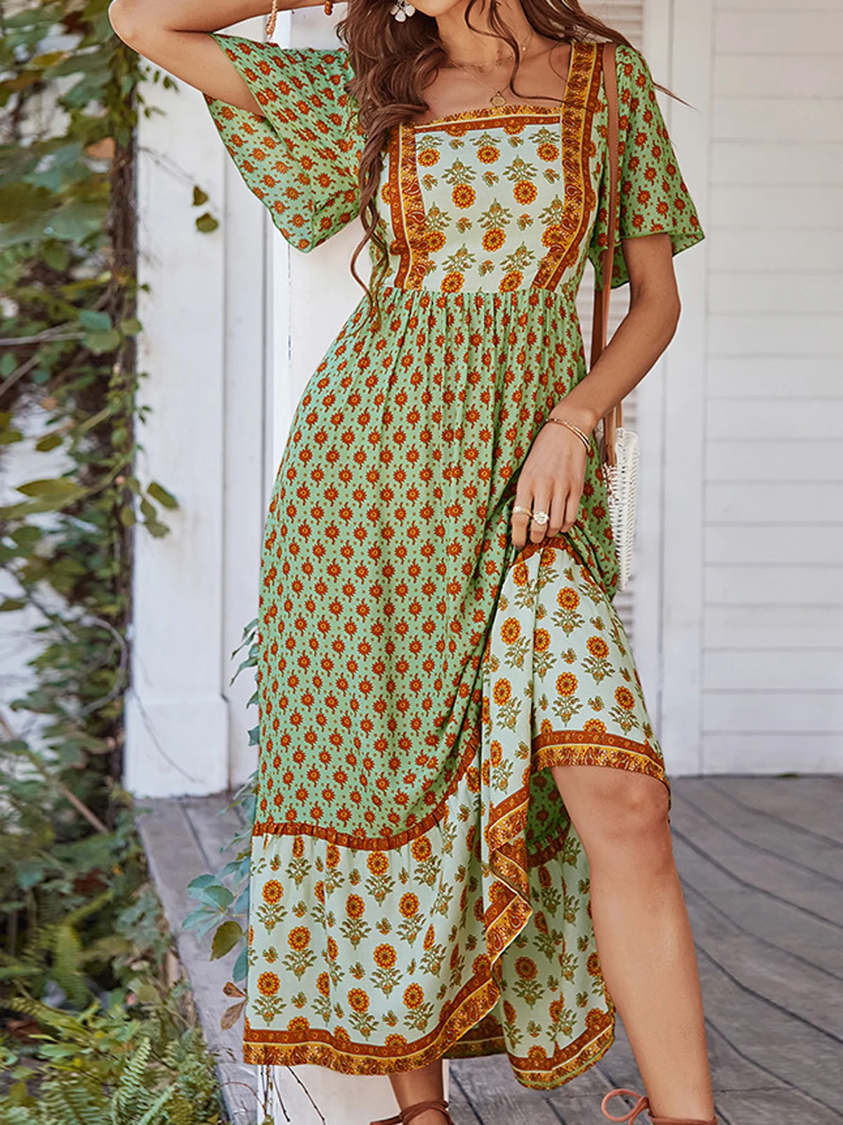 Women Floral Square Neck Short Sleeve Comfy Casual Maxi Dress