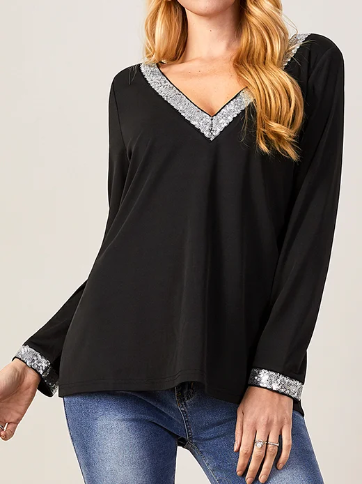 Casual Solid V Neck Long Sleeve T-shirt