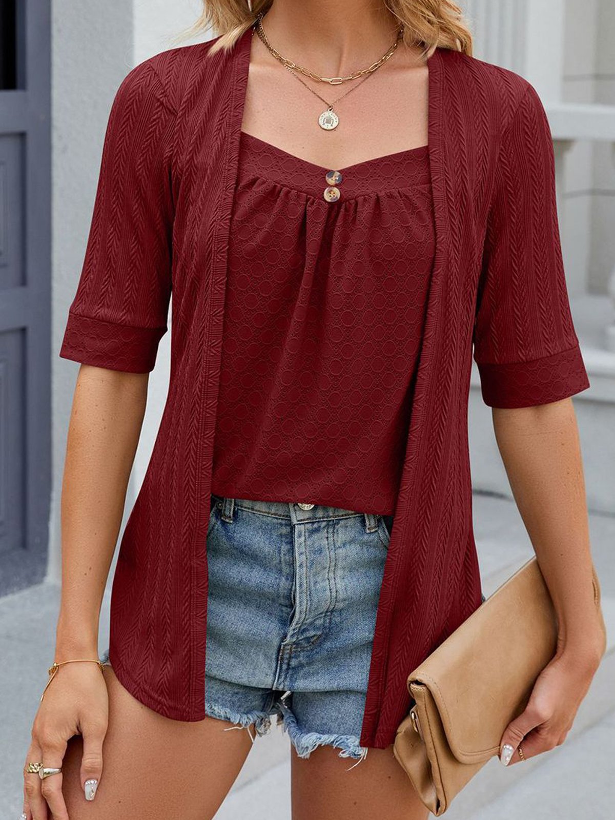 Square Neck Short Sleeve Plain Regular Micro-Elasticity Loose Shirt For Women