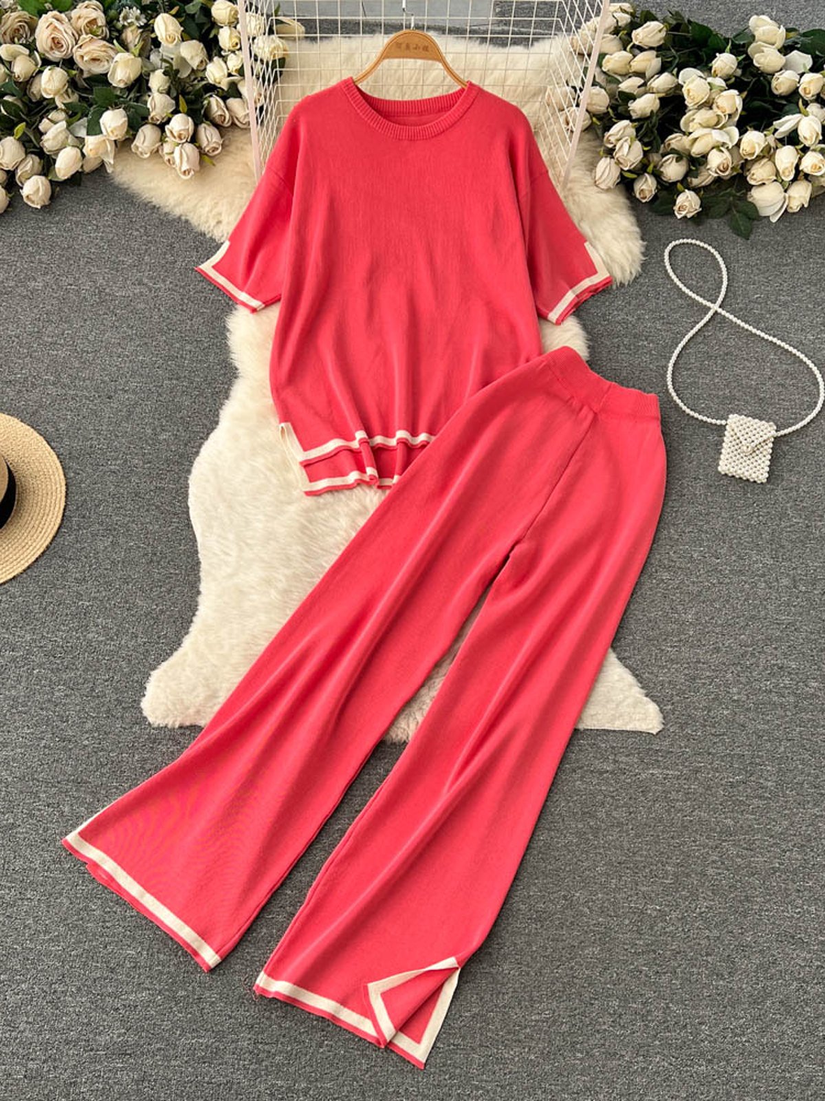 Women Color Block Crew Neck Short Sleeve Comfy Casual Top With Pants Two-Piece Set