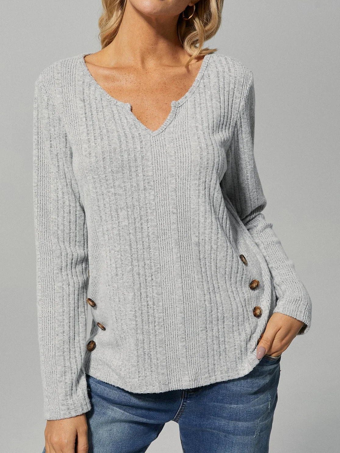Women's Casual Plain Notched Long Sleeve Soft T-shirt