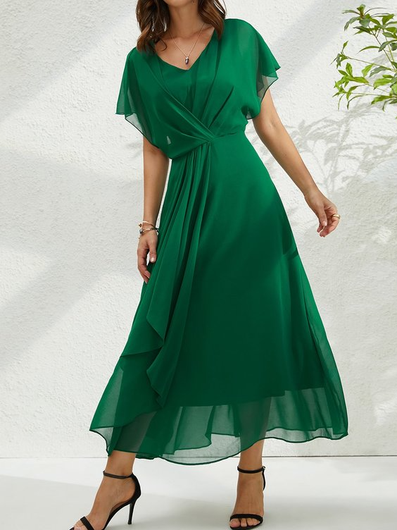 V Neck Elegant Chiffon Plain Dress