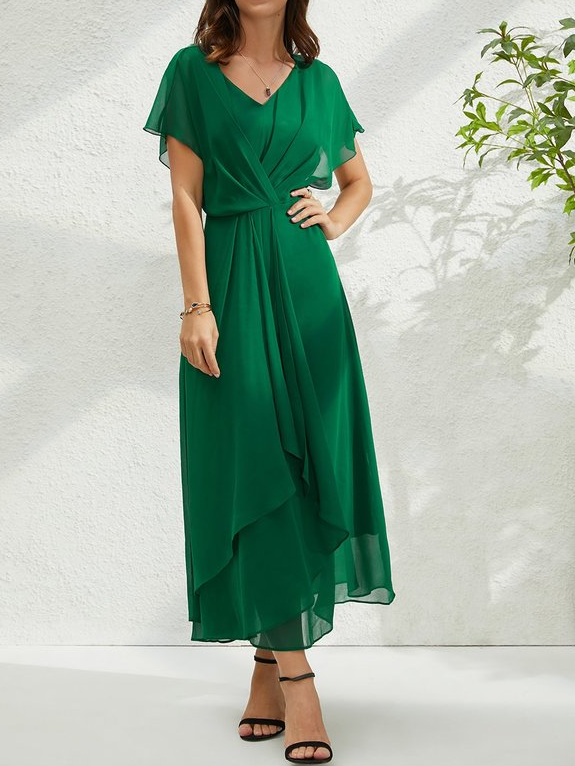 V Neck Elegant Chiffon Plain Dress