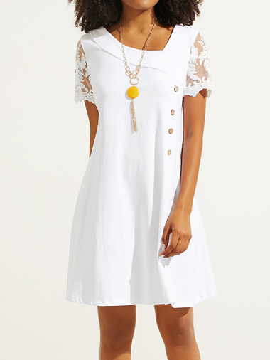 Lace Sleeve Plain Loose Casual Asymmetrical Dress