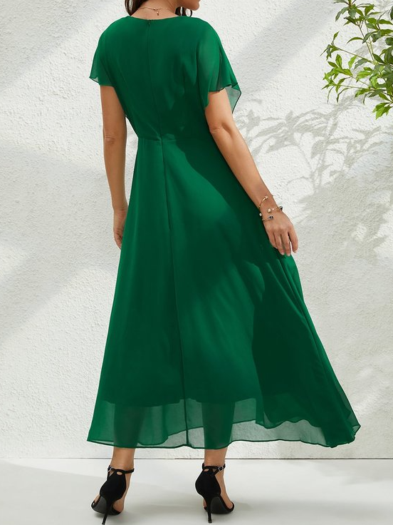 V Neck Elegant Chiffon Plain Dress