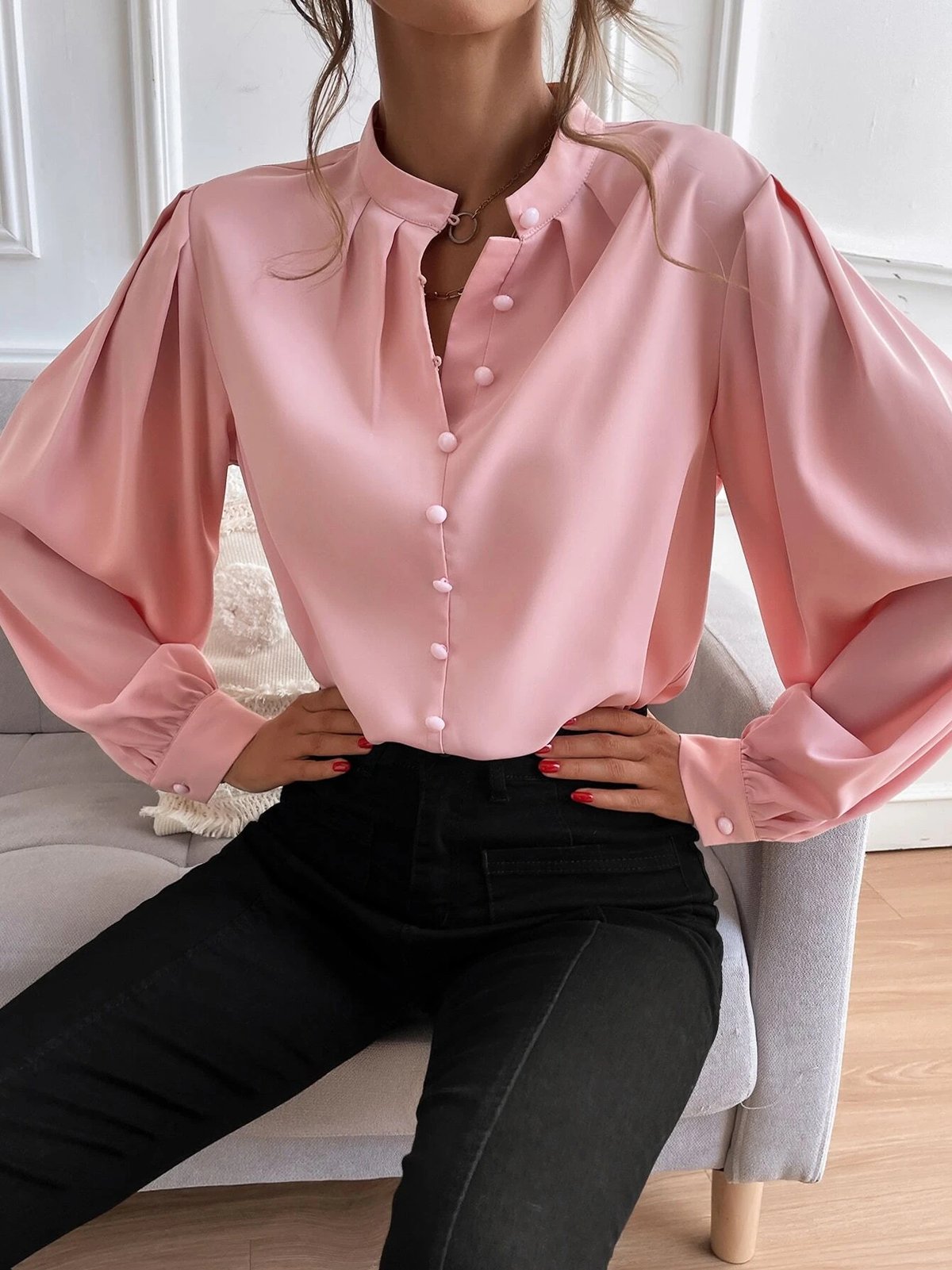 Stand Collar Long Sleeve Plain Regular Loose Blouse For Women