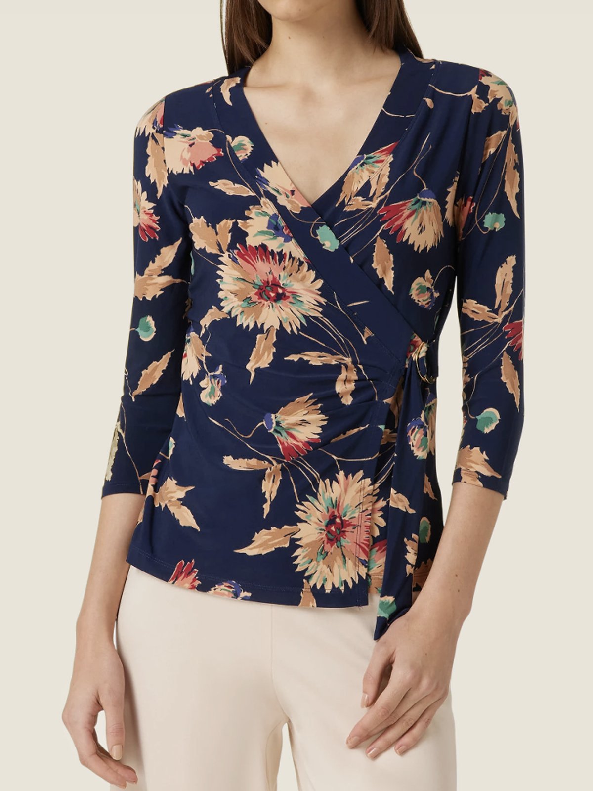 V Neck Three Quarter Sleeve Floral Buckle Regular Regular Fit Shirt For Women