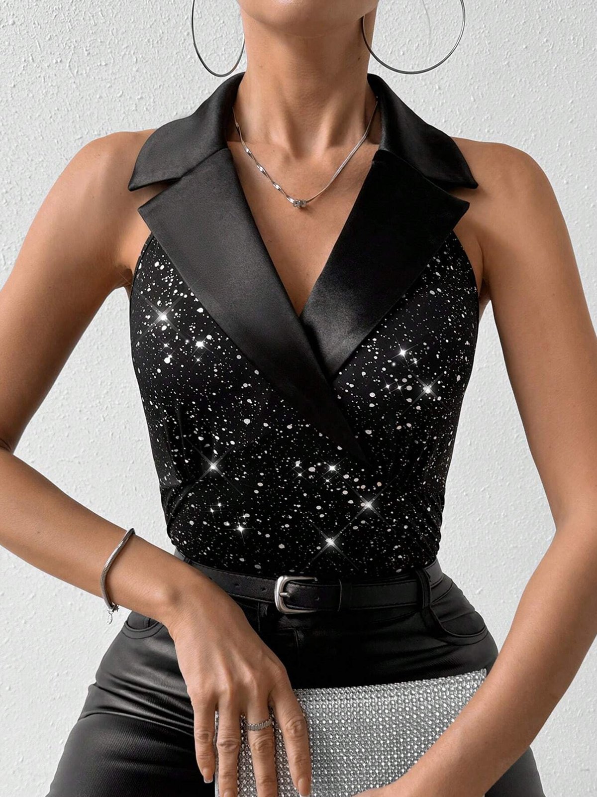 Shawl Collar Sleeveless Plain Glitter Regular Regular Fit Shirt For Women