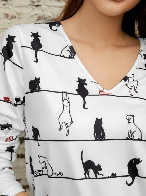 Casual Cat V Neck Long Sleeve T-shirt