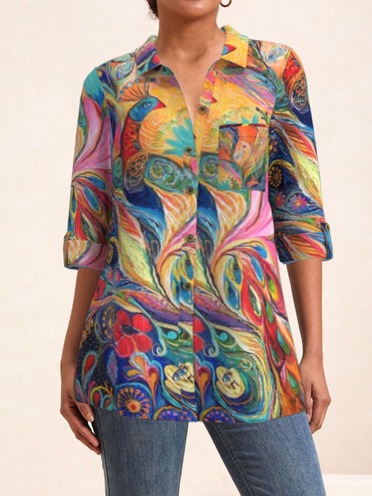 Shirt Collar Long Sleeve Abstract Regular Loose Blouse For Women