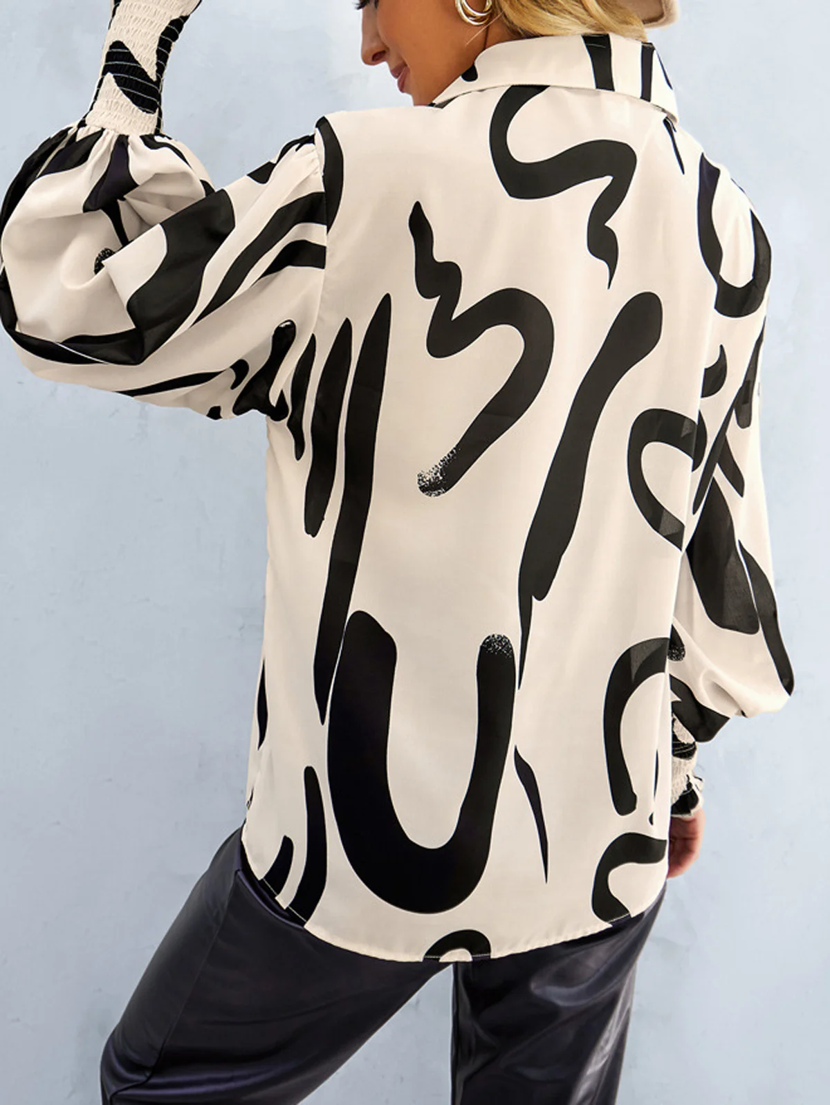 Shirt Collar Long Sleeve Geometric Regular Loose Blouse For Women