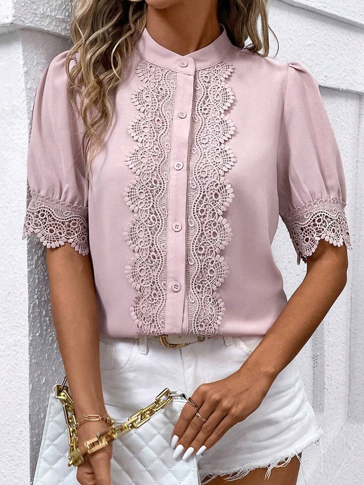 Stand Collar Short Sleeve Plain Lace Regular Loose Blouse For Women