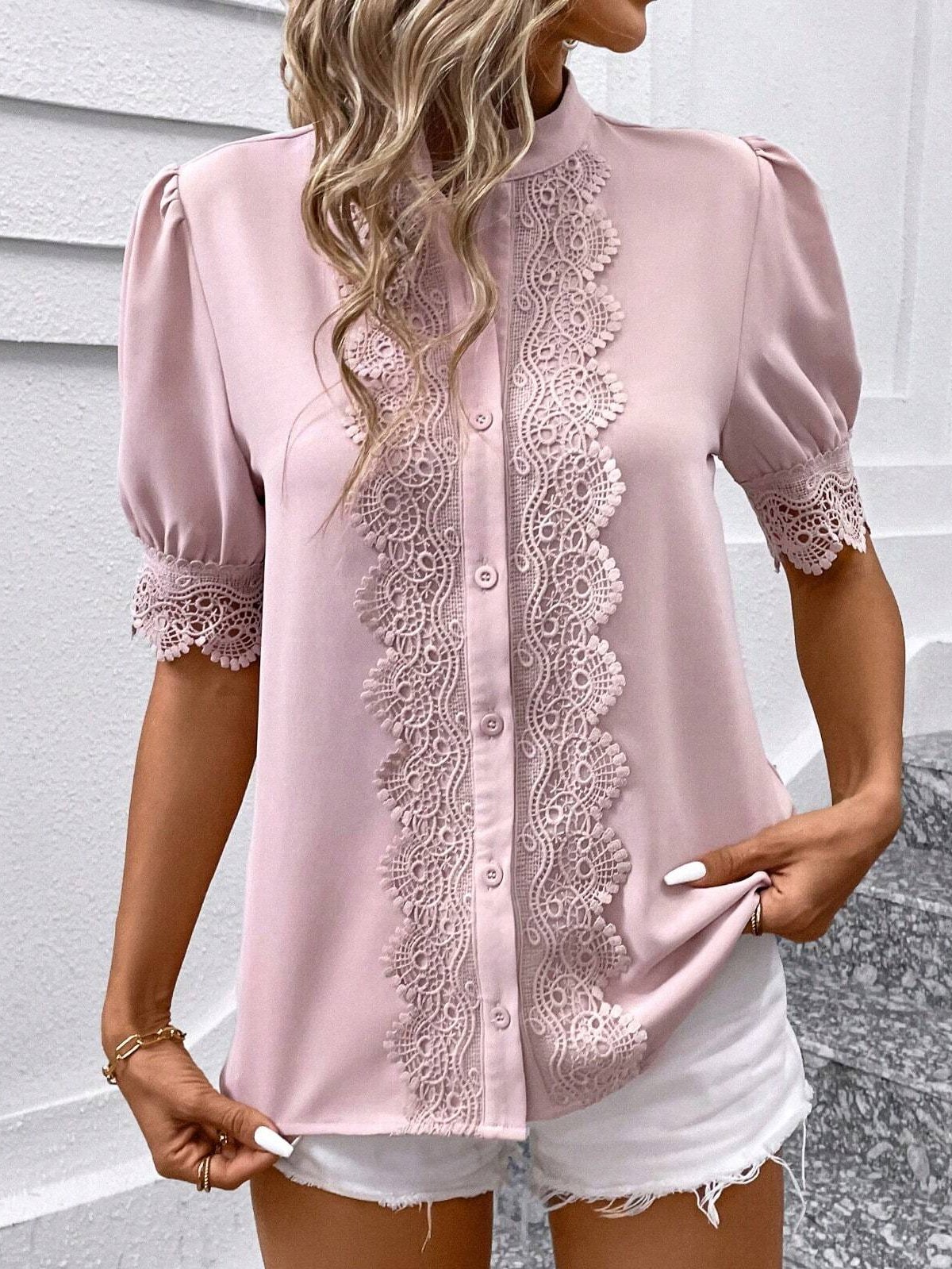 Stand Collar Short Sleeve Plain Lace Regular Loose Blouse For Women