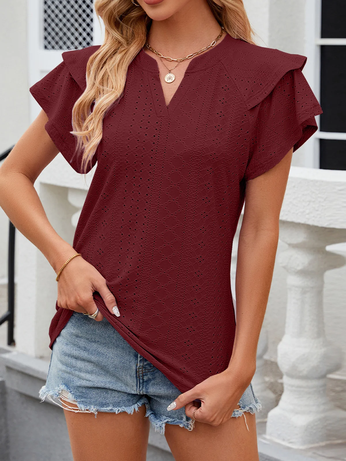 Notched Short Sleeve Plain Regular Micro-Elasticity Loose Shirt For Women