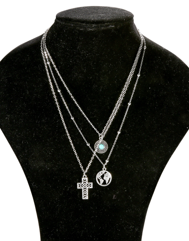 Personalized cross turquoise map three-layer necklace