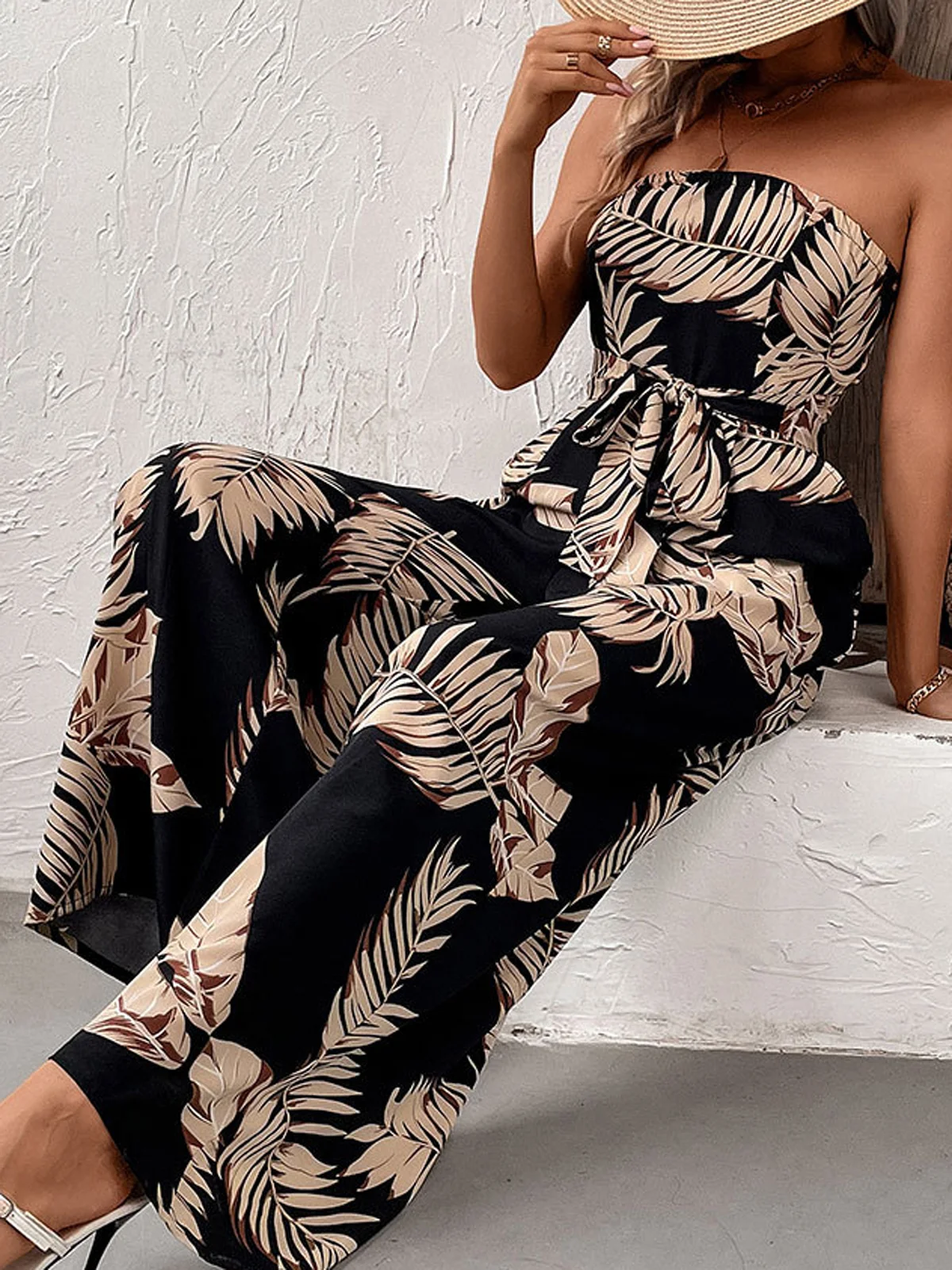 Women Sleeveless Cold Shoulder Loose Long Daily Casual Leaf Natural Jumpsuit
