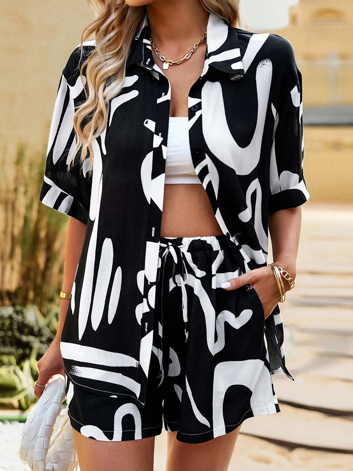 Women Geometric Shirt Collar Short Sleeve Comfy Casual Top With Pants Two-Piece Set