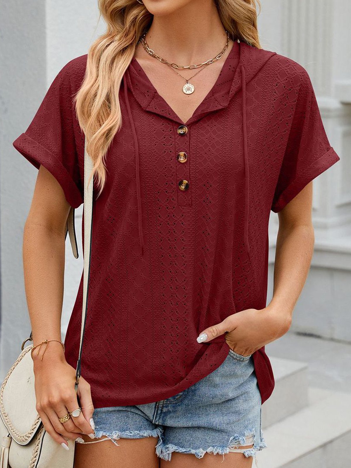 Hoodie Short Sleeve Plain Buckle Regular Micro-Elasticity Loose Shirt For Women