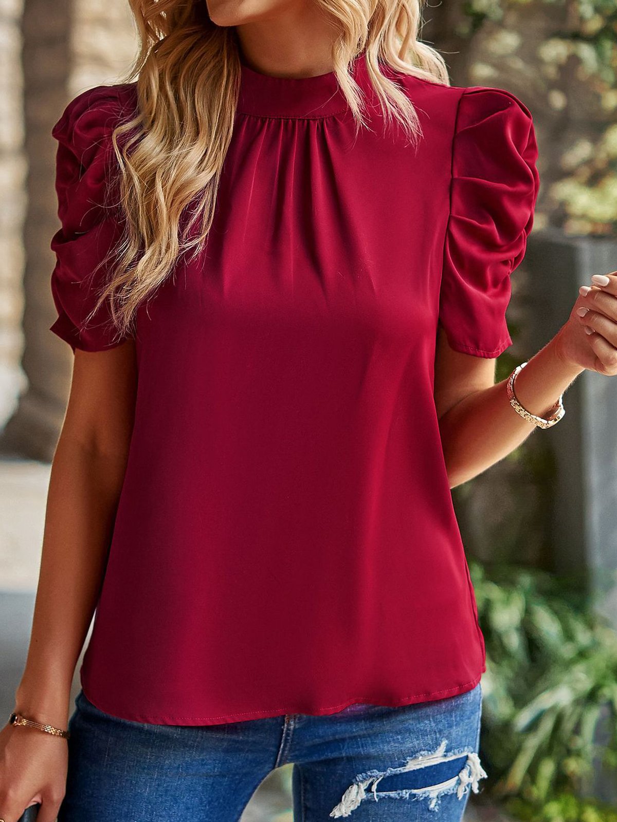 Half Turtleneck Short Sleeve Plain Regular Loose Shirt For Women
