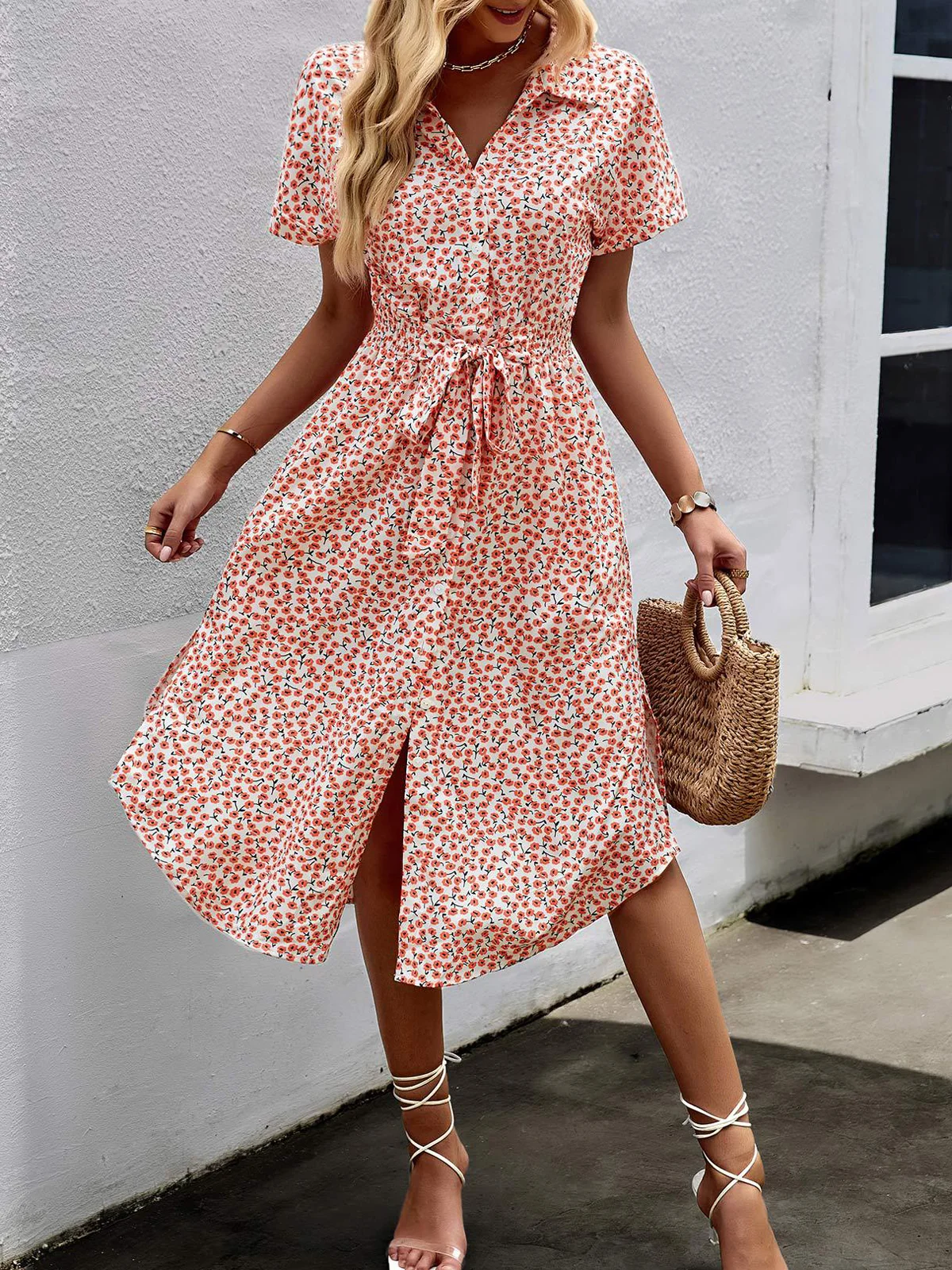 Women Small Floral V Neck Short Sleeve Comfy Casual Buckle Midi Dress