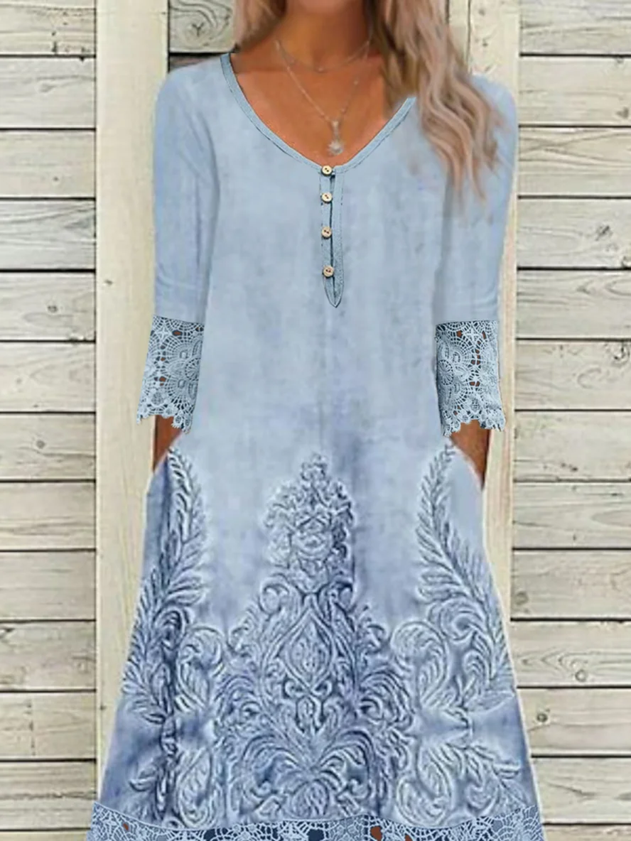 Women Random Print Asymmetrical Long Sleeve Comfy Casual Lace Maxi Dress