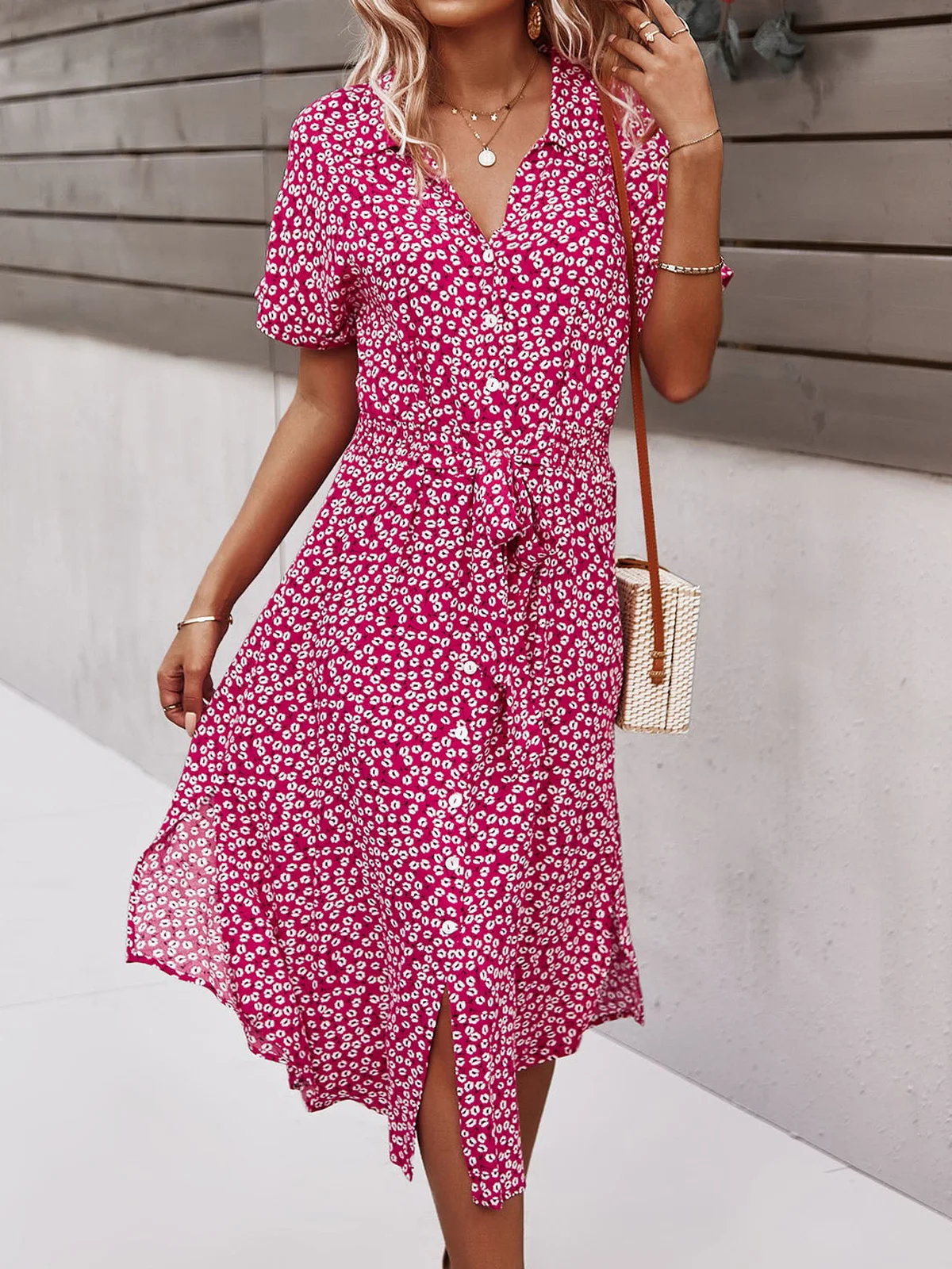 Women Small Floral V Neck Short Sleeve Comfy Casual Buckle Midi Dress