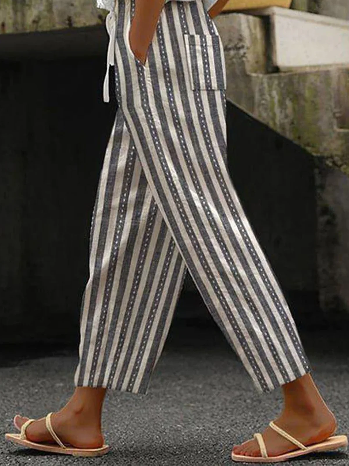 Casual Striped Long Pocket Stitching Pant