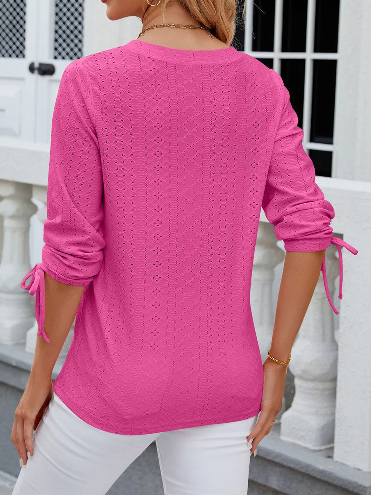 V Neck Long Sleeve Plain Buckle Regular Micro-Elasticity Loose Shirt For Women