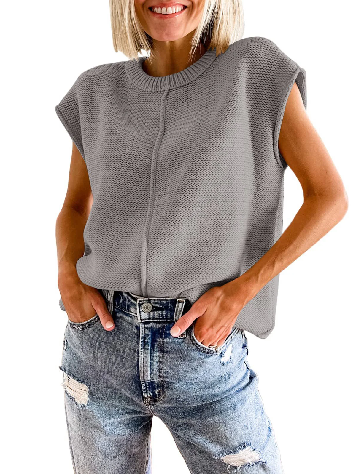 Women Yarn/Wool Yarn Plain Cap Sleeve Comfy Casual Sweater