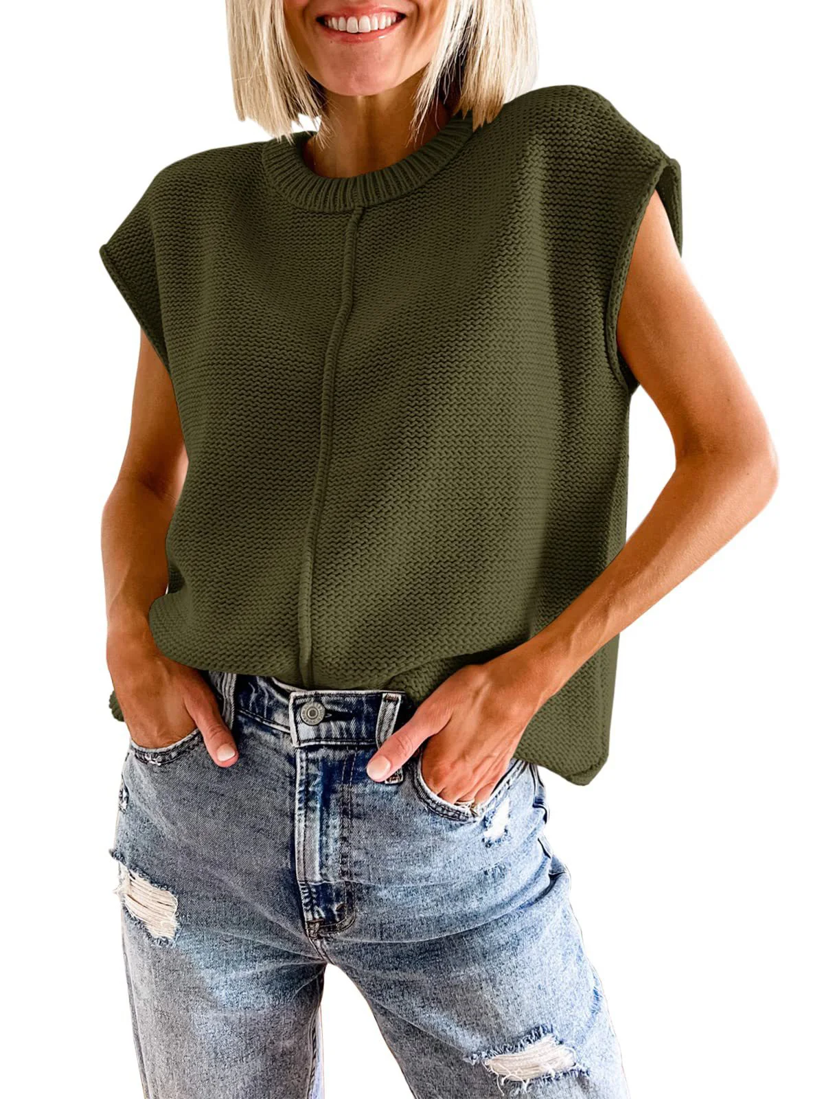 Women Yarn/Wool Yarn Plain Cap Sleeve Comfy Casual Sweater