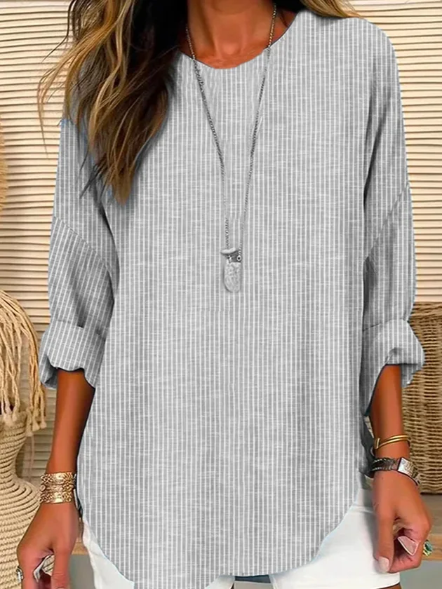 Crew Neck Long Sleeve Striped Regular Loose Blouse For Women