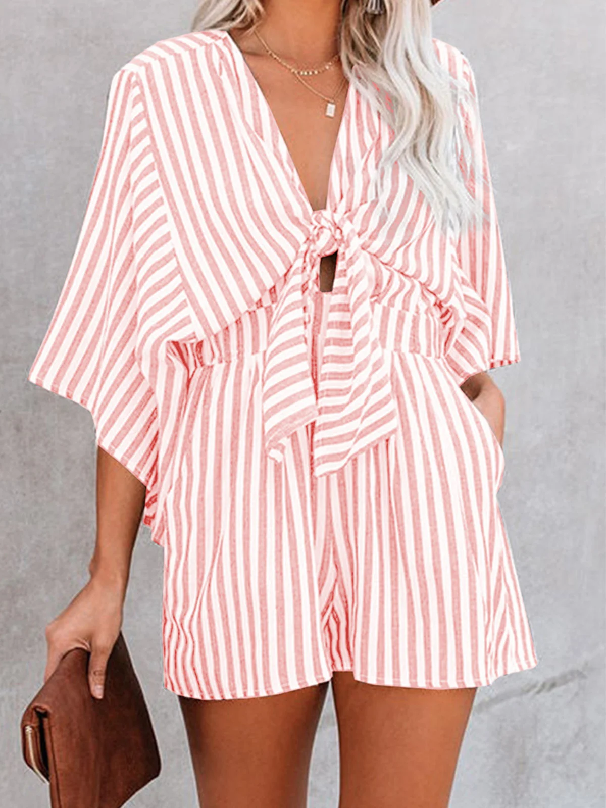 Women Half Sleeve Spaghetti Loose Shorts Daily Casual Striped Low Waist Jumpsuit