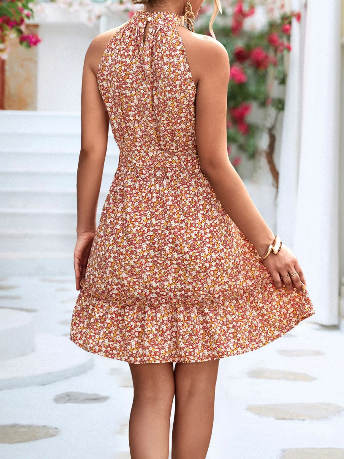 Women Small Floral Halter Sleeveless Comfy Casual Short Dress