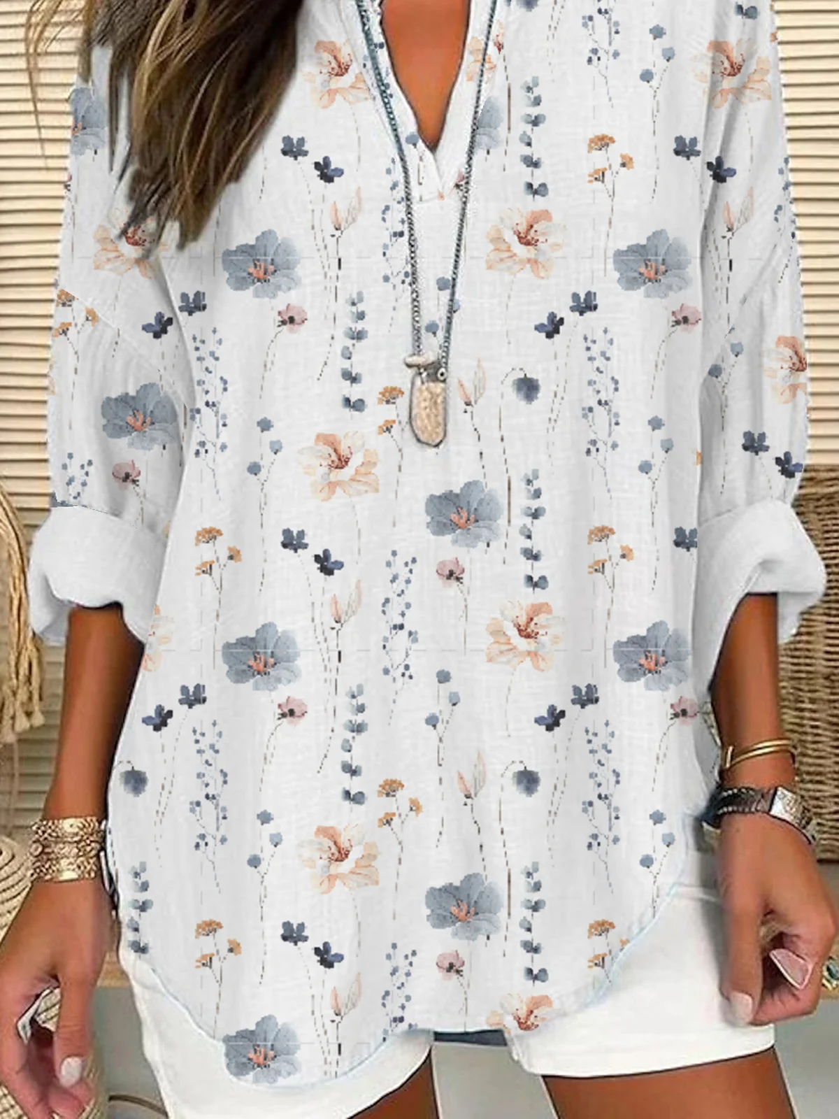 Notched Long Sleeve Floral Regular Loose Shirt For Women