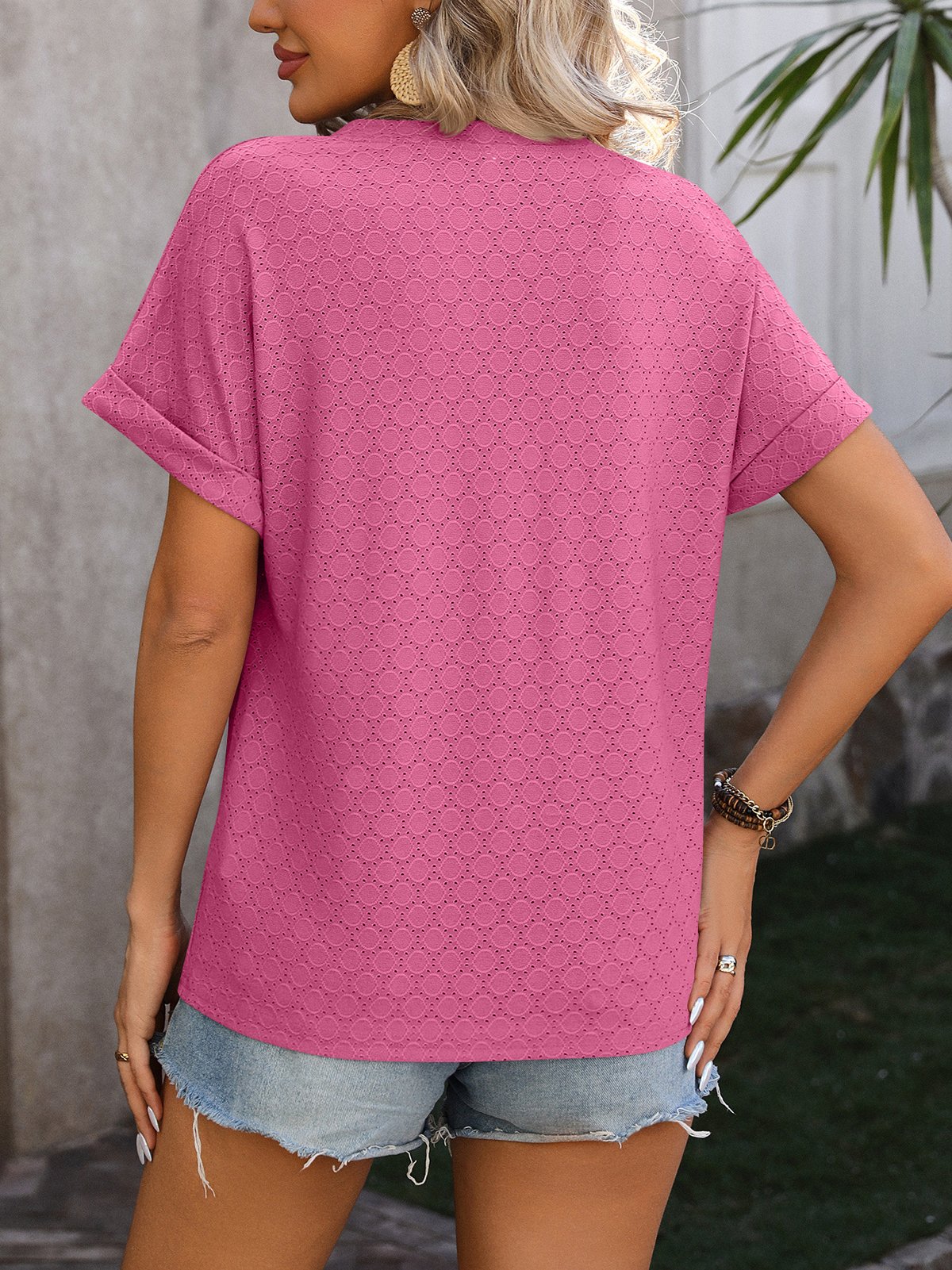 Notched Short Sleeve Plain Buckle Regular Micro-Elasticity Loose Shirt For Women
