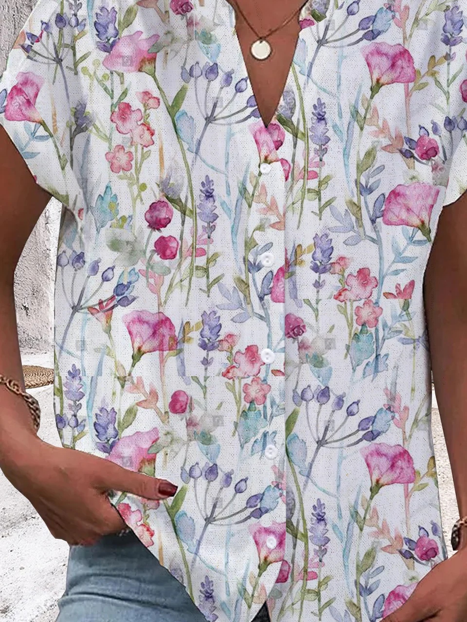 V Neck Short Sleeve Floral Regular Micro-Elasticity Regular Fit Shirt For Women