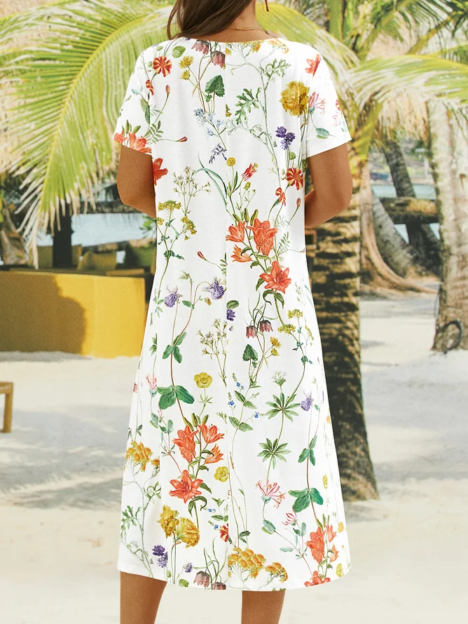 Women Floral Crew Neck Short Sleeve Comfy Vacation Midi Dress
