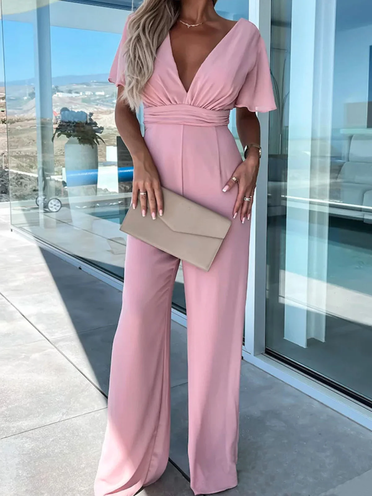 Women Long Sleeve V Neck Loose Long Daily Casual Plain Natural Jumpsuit