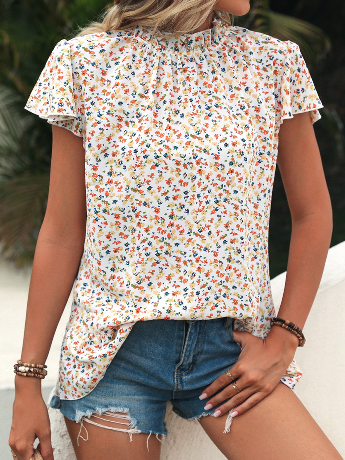 Short Sleeve Small Floral Regular Loose Shirt For Women
